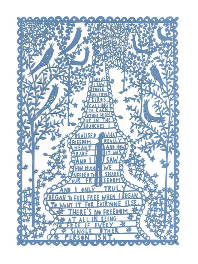 'I realised what freedom really meant' blue lasercut. An intricate blue artwork on a white background of a person climbing stairs and looking up into the trees, with text about discovering freedom on the steps.