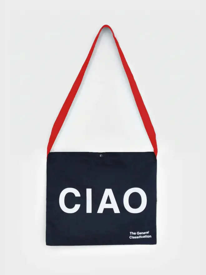 'Ciao' Canvas Musette, against a grey background. 
