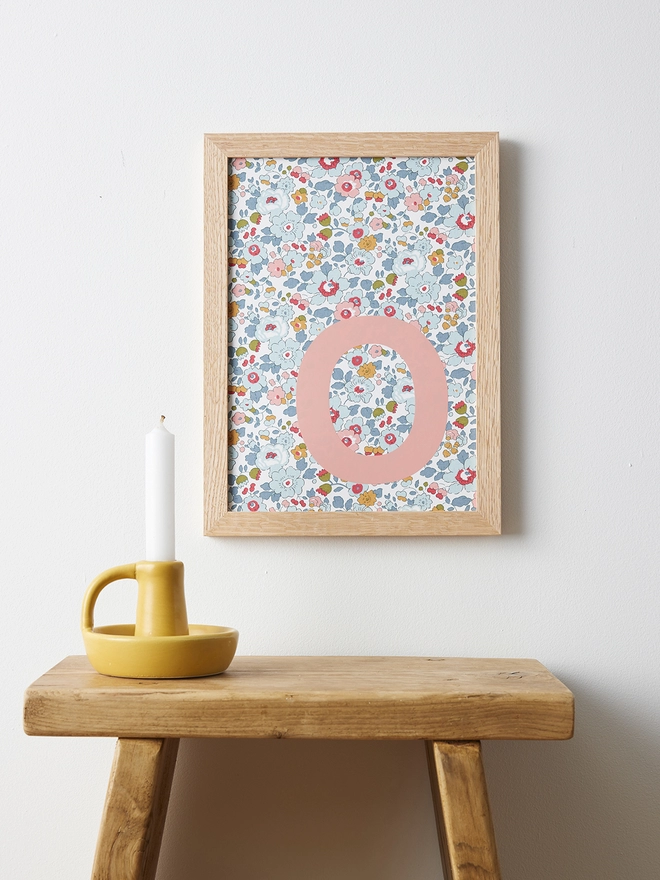 Personalised framed salmon pink initial on Liberty Betsy Blue fabric