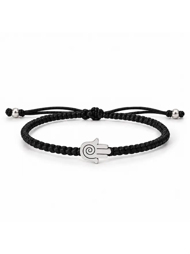 women’s black cord bracelet sterling silver hamsa charm handmade London