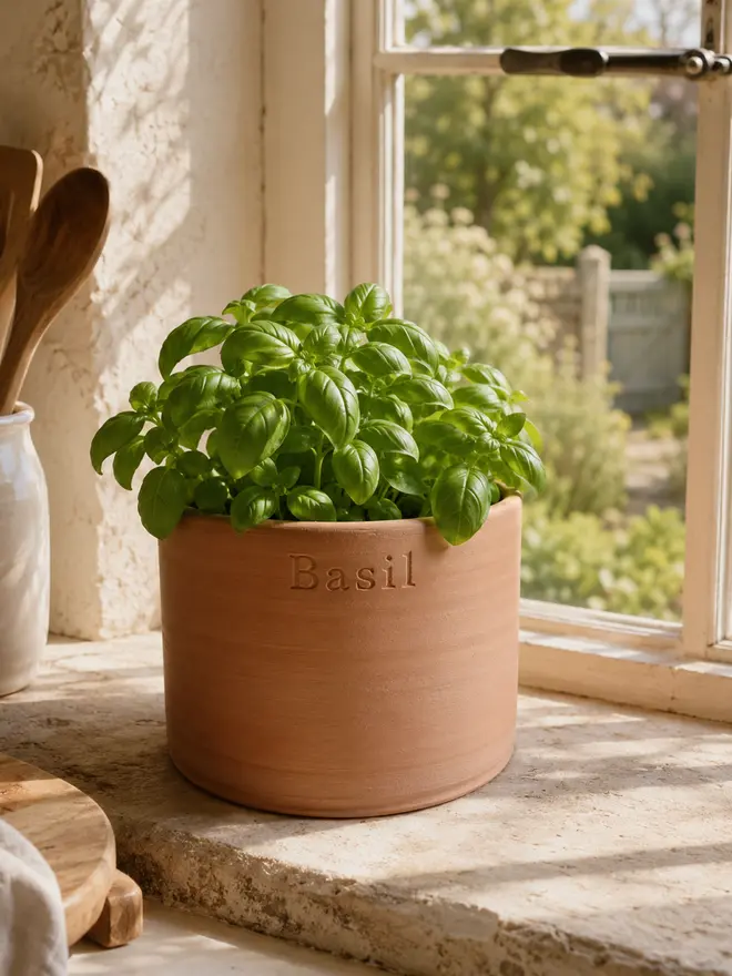 Hand-thrown terracotta herb pot stamped with Basil, filled with fresh basil on a sunny cottage kitchen windowsill.