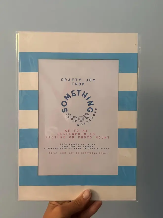 striped a4 / a5 screen print photo mount. blue variant pictured against grey background.