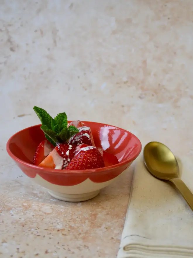 Handmade scalloped edge trinket dish in red and pink - filled with strawberries and cream