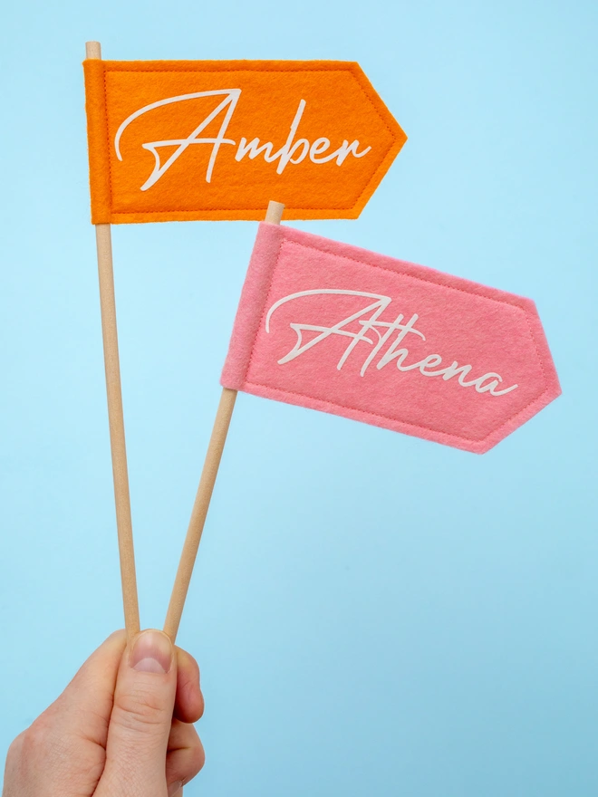 personalised hand held flags in pink and orange felt with white lettering