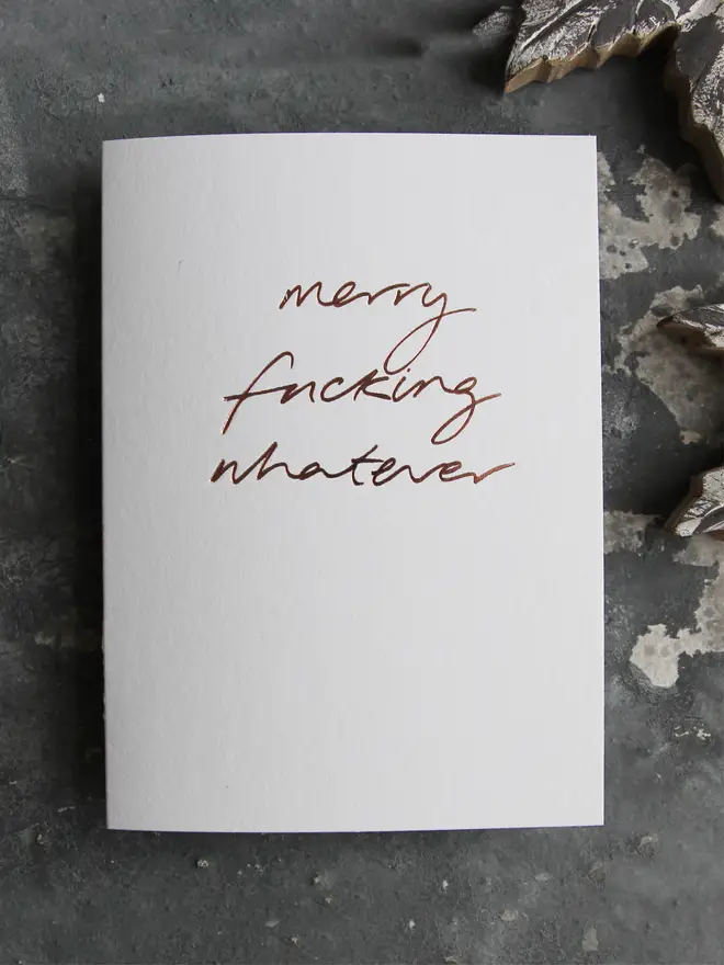 merry whatever white christmas card metallic script