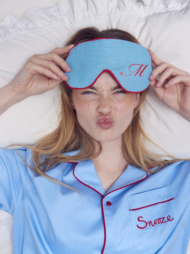 CATHERINE COLEBROOK BLUE LINEN CALLIGRAPHY EYE MASK 2