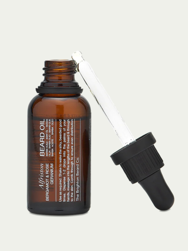 Alfriston Bergamot & Rose Geranium. A bottle of beard oil.