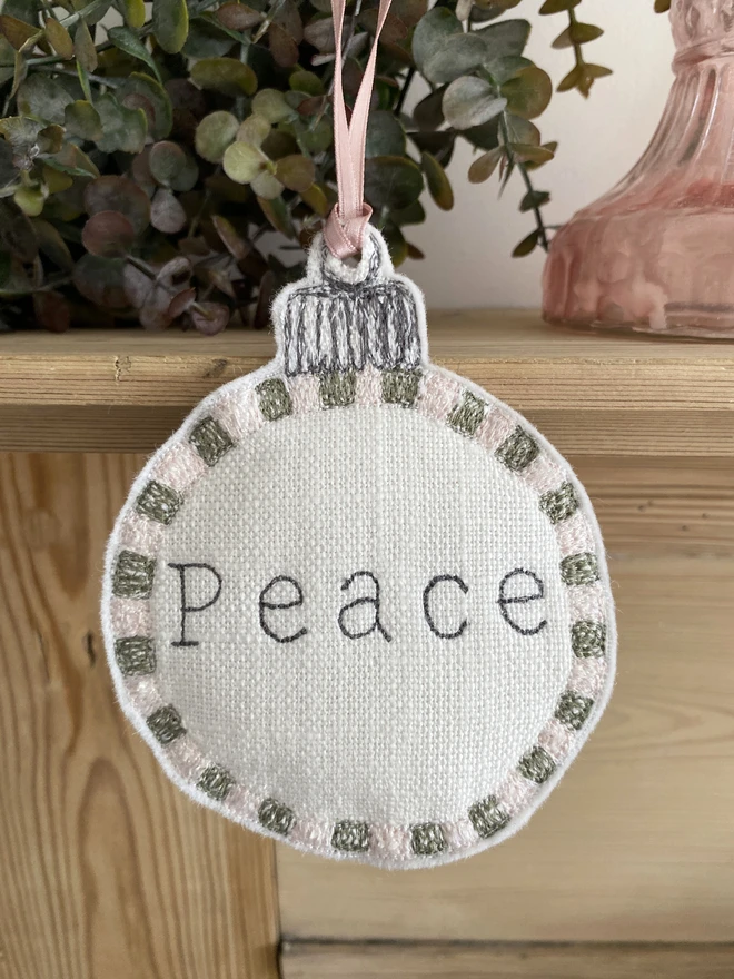 Peace Embroidered Square Edge Detail Bauble on wreath