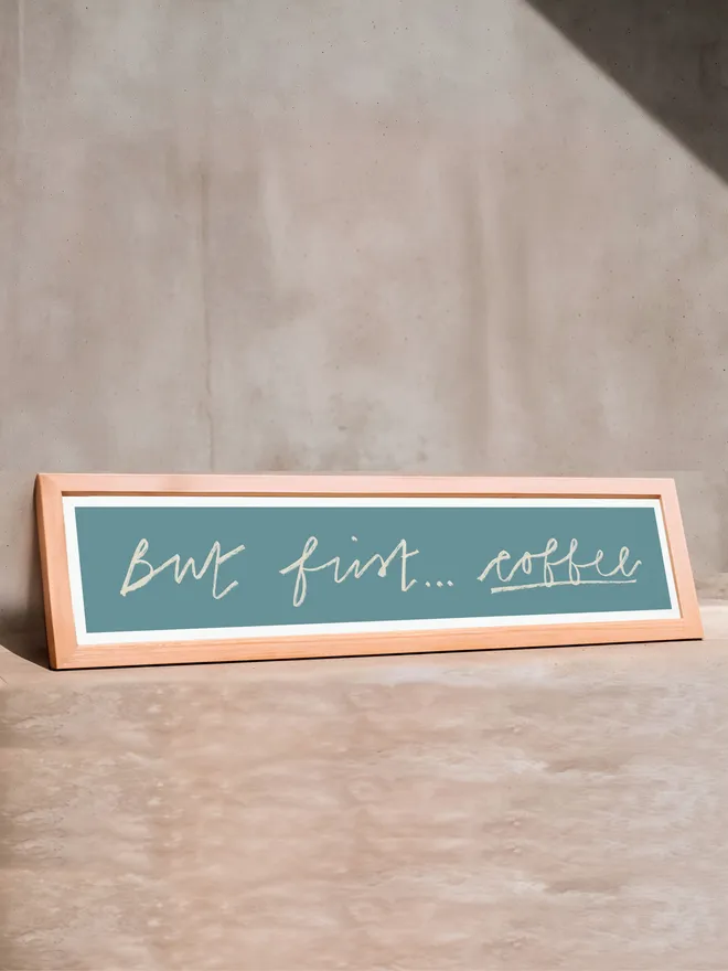 'but first ..... coffee' in light blue