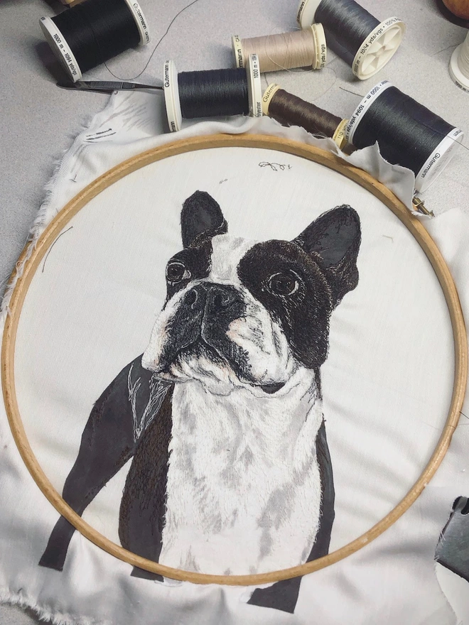 photo of large embroidered pet portrait in the making