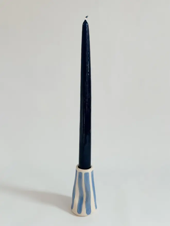 blue stripe wonky ceramic candlestick holder