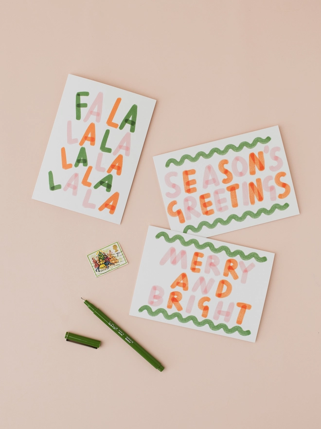 FA LA LA Christmas card with two other seasonal cards 