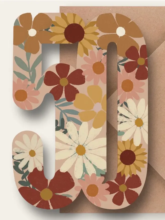 floral 50th birthday card. card shaped like 50 decorated with colourful flowers.