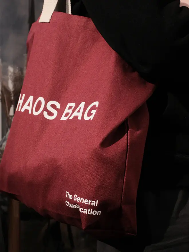 'Chaos' Tote Bag, being worn. 