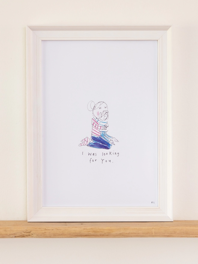 A sketchy muma print in a white frame