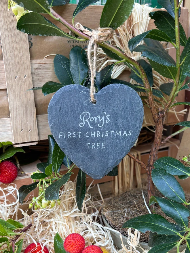 Personalised heart slate for the Greedy Gardener's Baby's first Christmas Crate. 