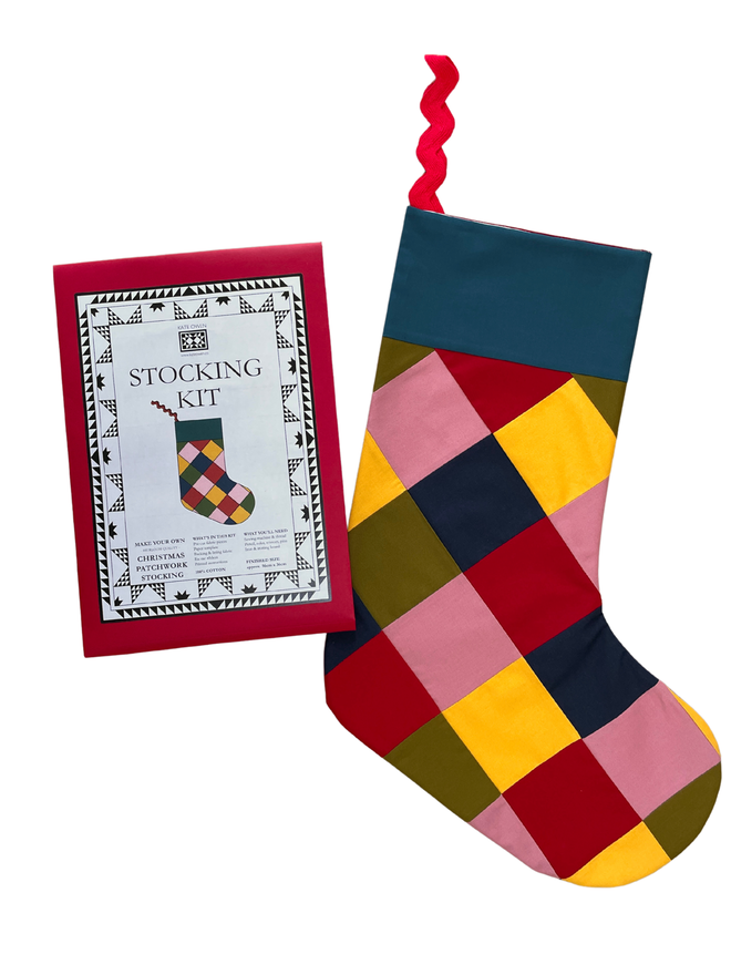 Harlequin Patchwork Stocking Kit, against a white background. 