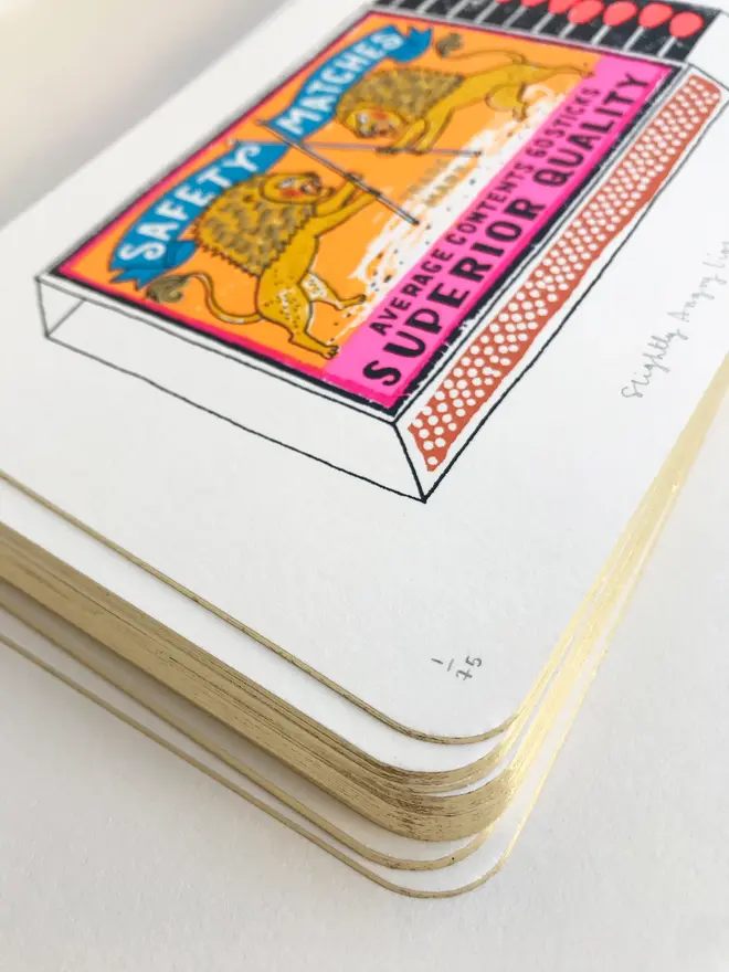 Two Lions Matchbox Screenprint Slightly Angry Lions Matches, a colourful matchbox design on a white screenprint. 
