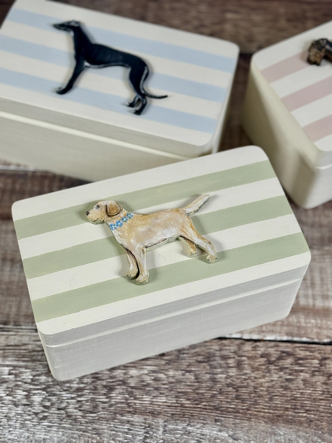 Pink and White Striped dog keepsake Box with a hand-painted pale yellow labrador with a blue and yellow forget me not flower collar