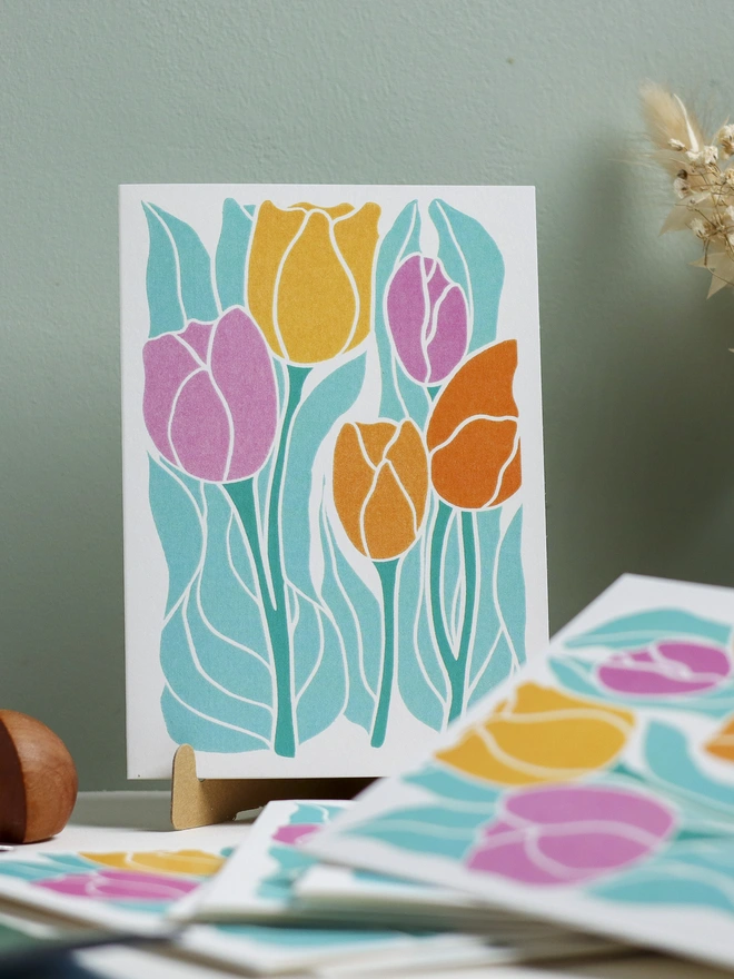linocut tulip bunch flower design thank you cards