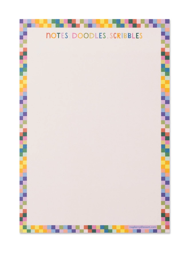 Raspberry Blossom doodle pad with multicoloured hand lettered ‘Notes.Doodles.Scribbles’ title on each page and a rainbow square tile border