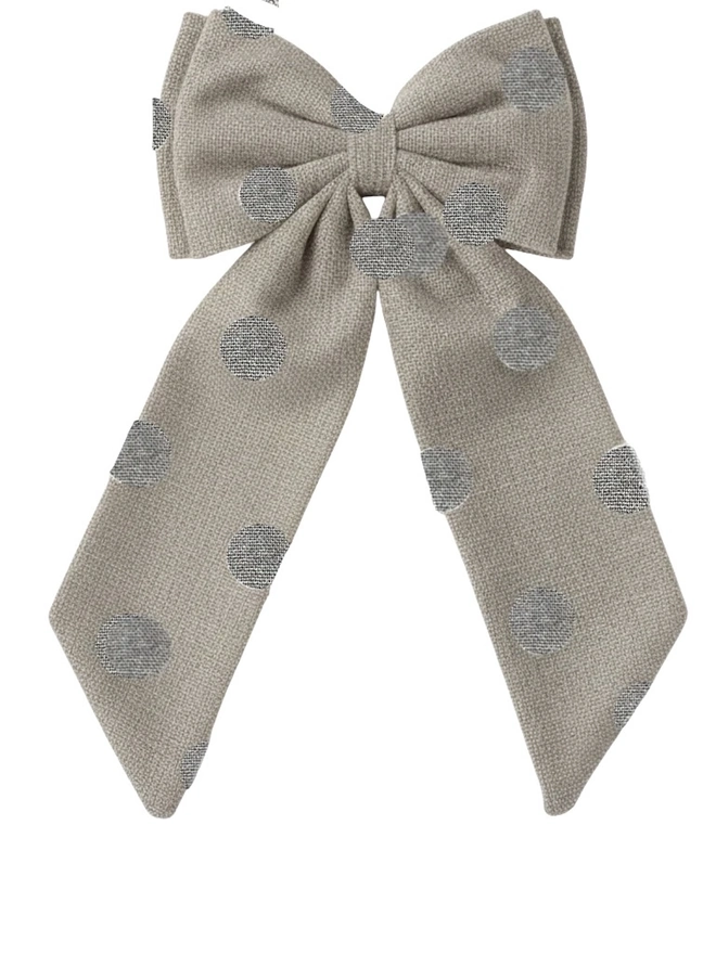 Over Sized Linen Polka Dot Bow Hanging Christmas Decoration, metallic silver polka dot bow placed in front of a white background. 