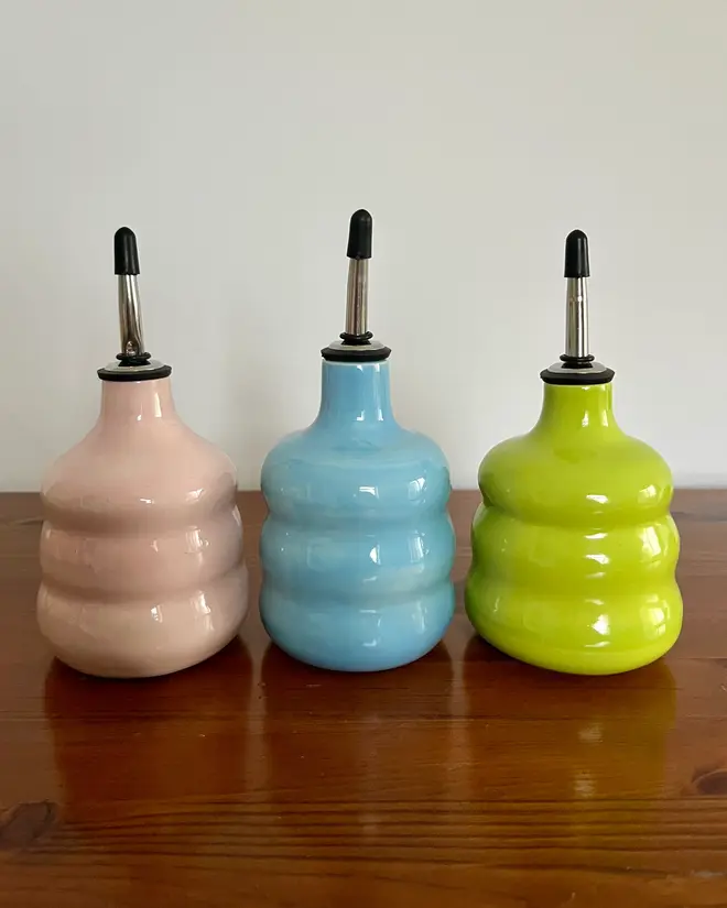 Ceramic Oil Pourer Bottle group of three; pink, blue and lime green