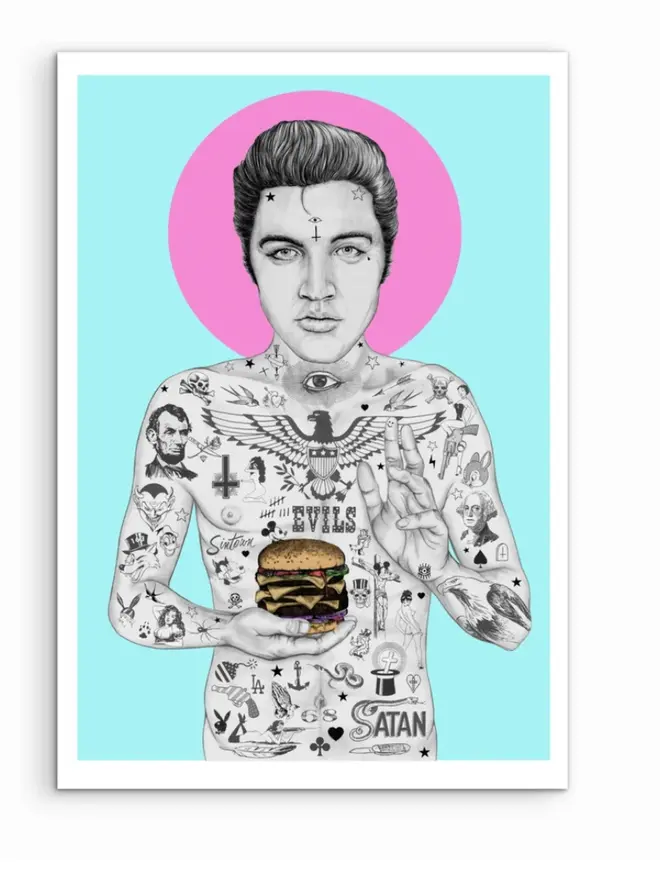 Tattooed portrait of Elvis Presley holding a cheeseburger against a blue background with a pink halo.
