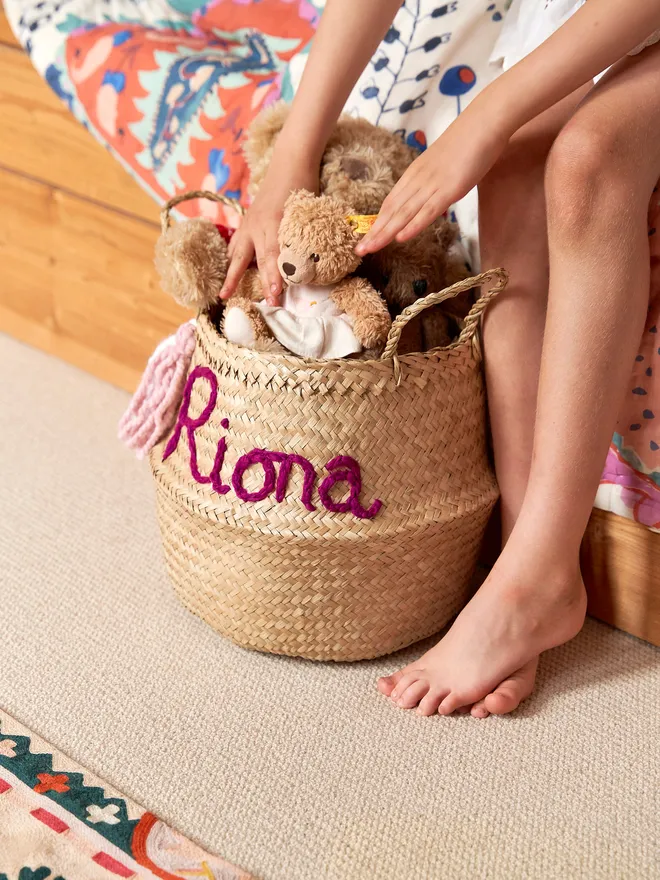 Personalised Pink Belly Basket with teddys and a pink tassle