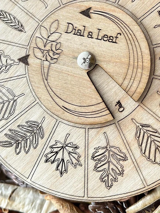 Round wooden leaf identification dial engraved with detailed leaf illustrations and rotating pointer, designed as a hands-on nature learning tool for children.