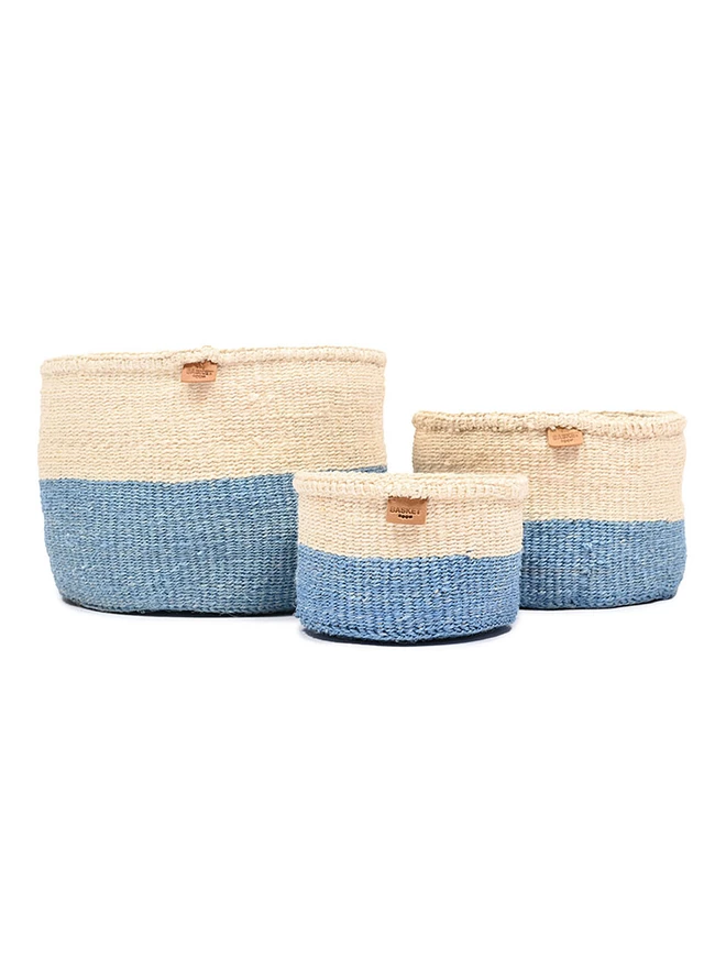 set of three blue colour block baskets