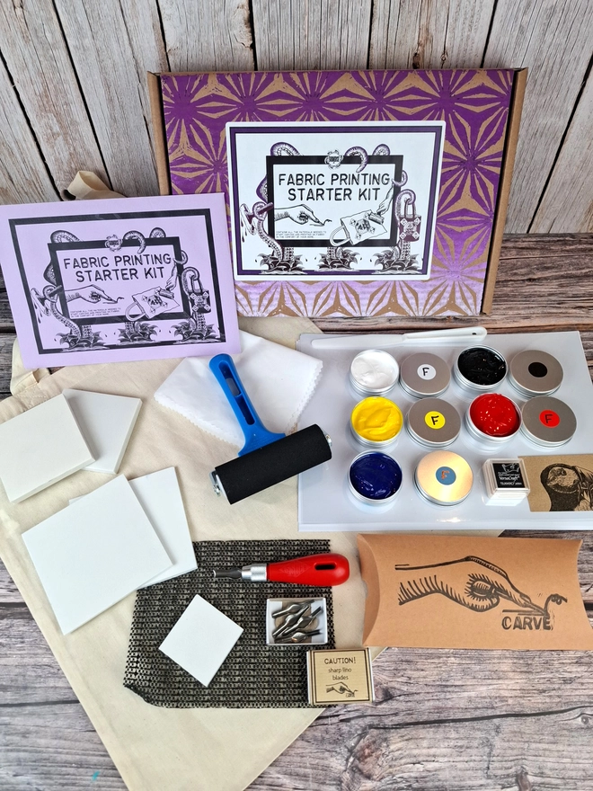 Fabric printing kit with inks fabric brayer carving tools and instructions