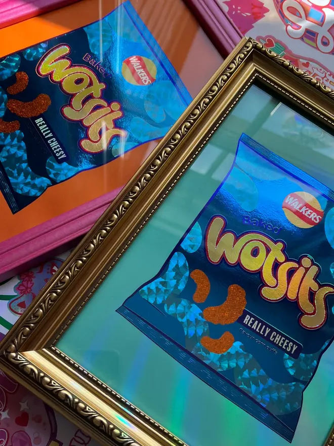 'Wotsits' ScreenPrint, a pair of colourful wotsits screenprint sitting on a colourful surface. 