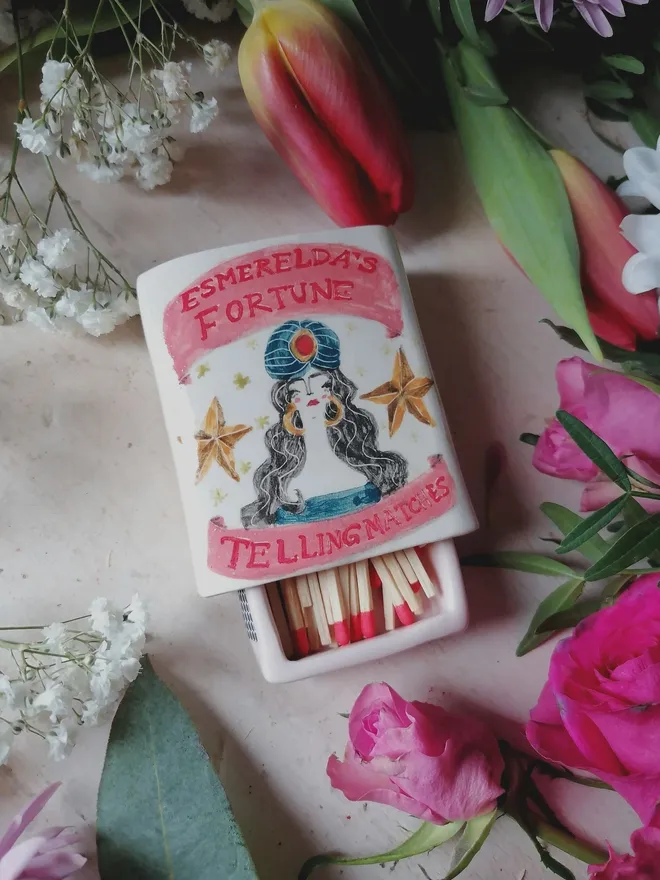 small Esmerelda fortune teller ceramic unique hand painted matchbox