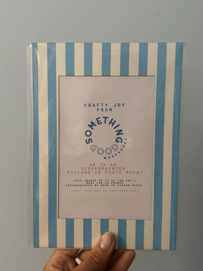screenprinted picture mount with blue and white thin vertical stripes