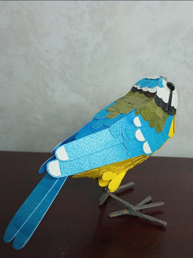 back view of a blue tit bird sculpture