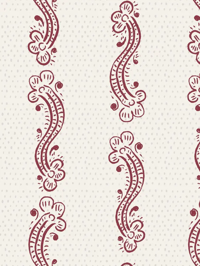 cedilla illustrated patterned wallpaper. a white background wallpaper with burgundy squiggle patterns.