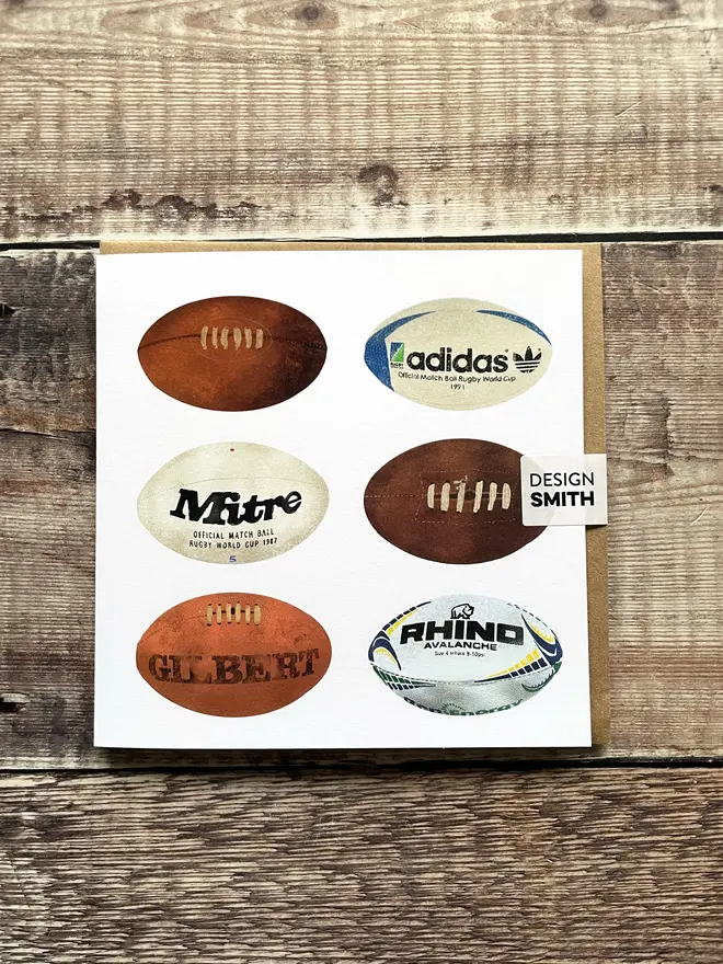 Rugby Balls Blank Greetings Card, paired with a brown envelope 