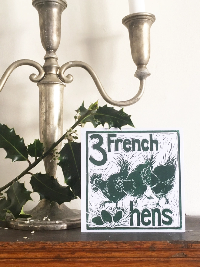 Christmas card Three French Hens The Twelve Days of Christmas linocut design by Kate Guy