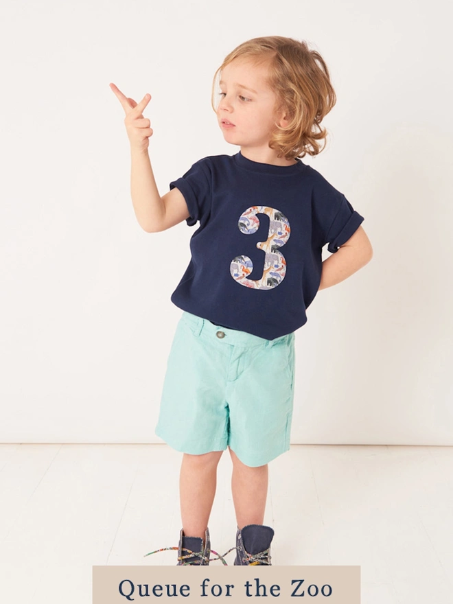 A navy birthday t-shirt with a number 3 cut from liberty zoo animal print on the front