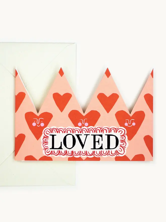 pink and red crown hart card with 'loved' text