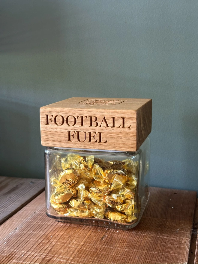 jar with sweets engraved with football fuel