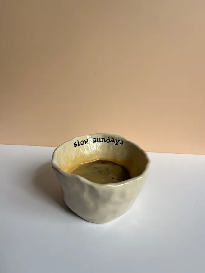 'Slow Sundays' Espresso Cup, with coffee poured into it. 