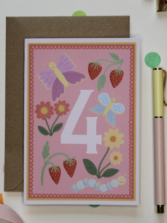 pink 4th birthday card with butterfly and floral illustrations 