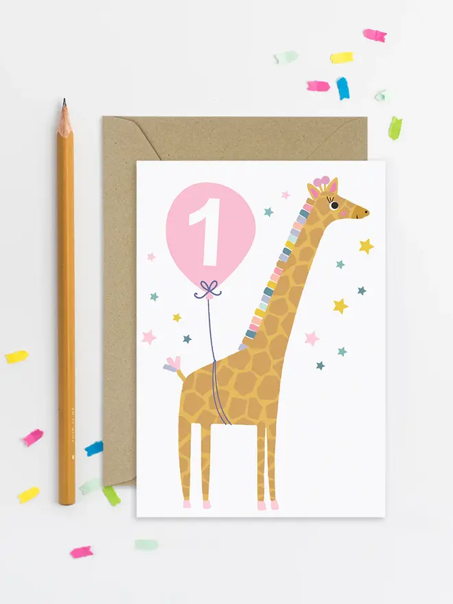 Giraffe Baby Age 1 Birthday Card