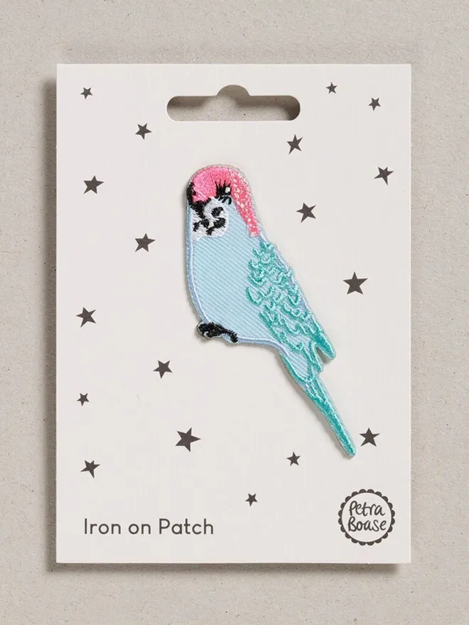 Blue budgie embroidered iron on fabric patch for upcycling.