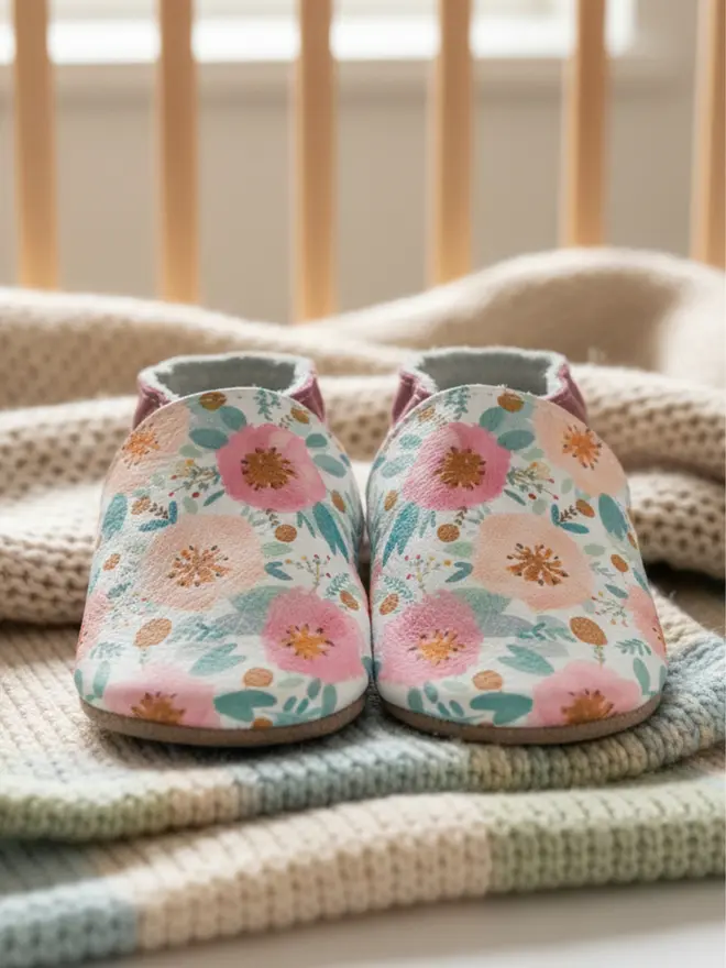 pink floral rose baby shoes