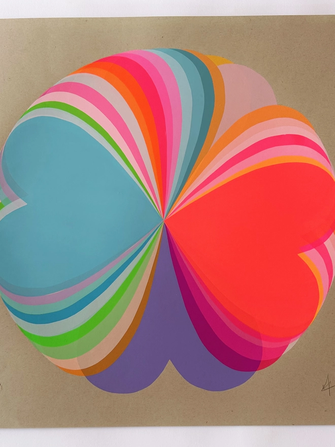 Hannah carvell Original Screen Print, one of one, hand printed, Bright coloured Abstract Hearts, rainbow, Neon