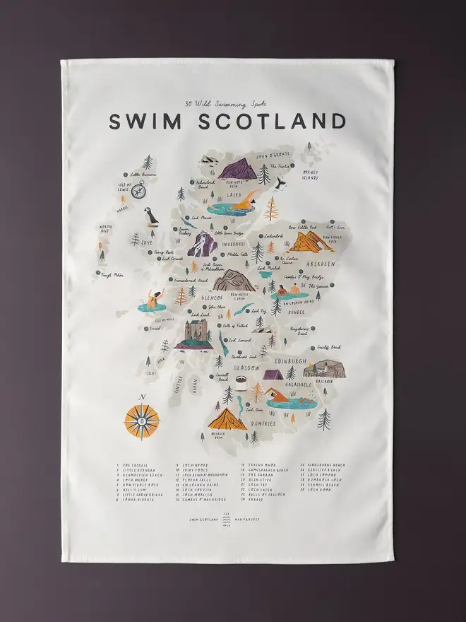 swim scotland map tea towel