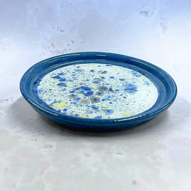 Shoreline Dinner Plate, a colourful plate placed on a stone surface. 